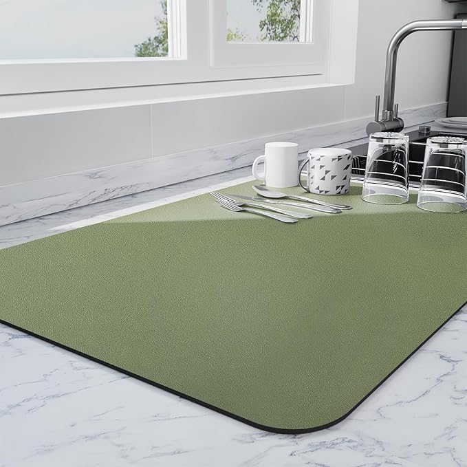 Ecotrim - Dish Drying Mat for Kitchen Counter | Coffee Bar Mat for Countertops | Heat Resistant Drainer Mat with Non-slip Rubber Backed | Hide Stain Kitchen Absorbent Draining Mat | Green 18"x28"