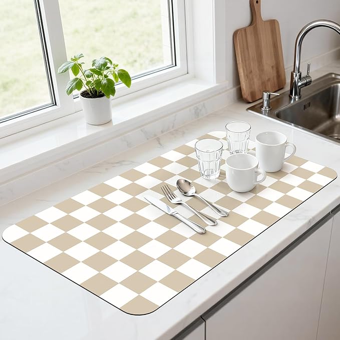 17" x 32" Checkered Dish Drying Mat for Kitchen Counter, Absorbent Coffee Bar Mat for Espresso Machine Coffee Countertops Accessories (Khaki)