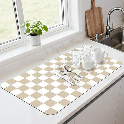 17" x 32" Checkered Dish Drying Mat for Kitchen Counter, Absorbent Coffee Bar Mat for Espresso Machine Coffee Countertops Accessories (Khaki)