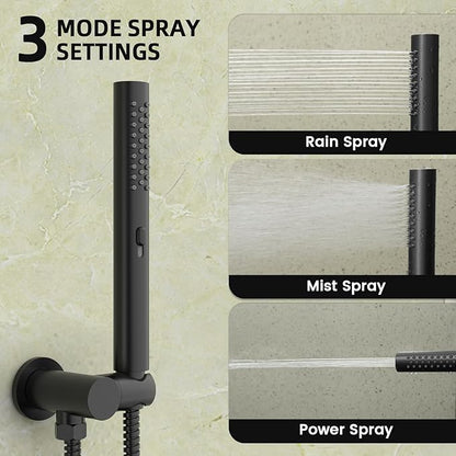Round Shower Faucet Set with Hydro Power Temperature Display, Shower System Bathroom 10 Inch Shower Head with Handheld Spray, Wall Mounted Shower Fixtures with Shower Valve and Trim Kit, Matte Black