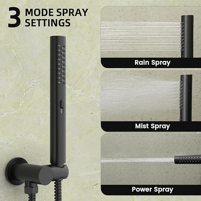 Round Shower Faucet Set with Hydro Power Temperature Display, Shower System Bathroom 12 Inch Shower Head with Handheld Spray, Wall Mounted Shower Fixtures with Shower Valve and Trim Kit, Matte Black