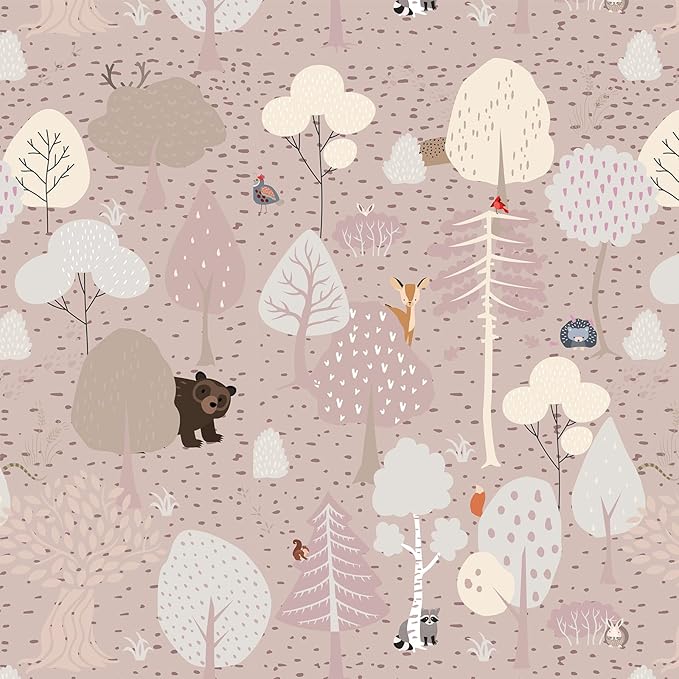 Vinjiasin Woodland Animals Peel and Stick Wallpaper for Kids Room Nursery Neutral Forest Animal Wall Paper Self Adhesive Removable Baby Room Decor Cute Bear Deer Fox Pattern Contact Paper 17"x120"