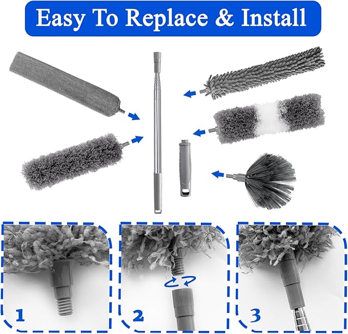 Dusters for Cleaning,9Pcs Feather Duster with Extension Pole Up to 100'',Bendable Extendable Long Feather Duster for Cleaning Fan,High Ceiling,Blinds,Furniture,Cars