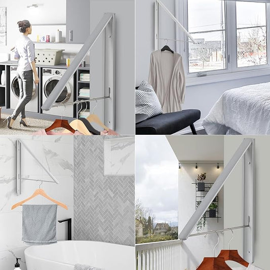 Retractable Clothes Drying Rack Wall Mounted, Foldable Space-Saving Hanger for Laundry Room/Bathroom/RV - Stainless Steel/Aluminum (Silver)