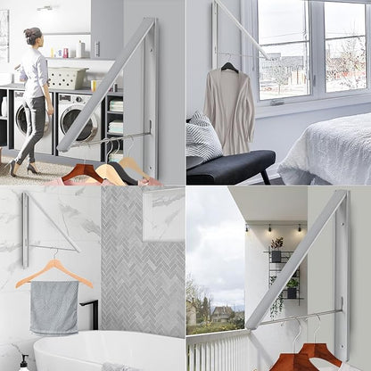 Foldable Clothes Drying Rack, Wall Mounted Retractable Drying Rack Clothes Hanger for Laundry, Bathroom, Balcony Use, Space Saving Laundry Racks and Closet Organizer, Aluminum (Silver)