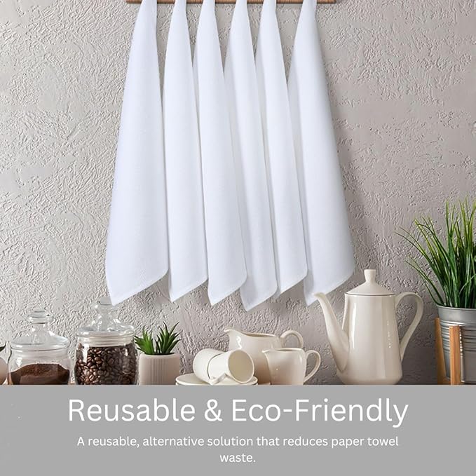 Waffle Kitchen Towels 100% Cotton Set of 6 - Heavy Duty 320 GSM Quality Dish Cloths - Soft Absorbent Washable for Kitchen Use - Quick Drying Dish Towel 16x26 inch White