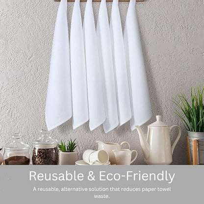 Waffle Kitchen Towels 100% Cotton Set of 6 - Heavy Duty 320 GSM Quality Dish Cloths - Soft Absorbent Washable for Kitchen Use - Quick Drying Dish Towel 16x26 inch White