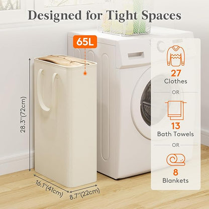 Lifewit 65L Slim Laundry Hamper, Narrow Small Laundry Basket with Handle for Dirty Clothes, Collapsible Tall Thin Laundry Bin for Bathroom Bedroom Dorm College, White