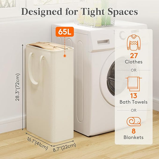 Lifewit 65L Slim Laundry Hamper, Narrow Small Laundry Basket with Handle for Dirty Clothes, Collapsible Tall Thin Laundry Bin for Bathroom Bedroom Dorm College, White