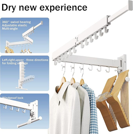 Drying Rack, Wall Mounted Clothes Rack, Aluminum, 220lbs Capacity, Foldable, White