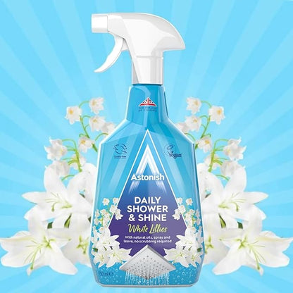Astonish Daily Shower Shine White Lilies Cleaning Spray 3 Pack - No Scrub After Shower Spray Foam Prevents Watermarks & Buildup - Cruelty-Free Household Cleaning Products,750ml Spray Bottles