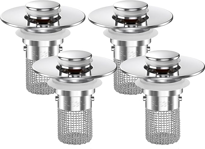 Sink Stopper Hair Catcher,(4PCS) Pop-up Sink Drain Strainer with Removable Stainless Steel Strainer Basket Hair Catcher, Bathroom Sink Strainer for Bathroom Sink Stopper Replacement