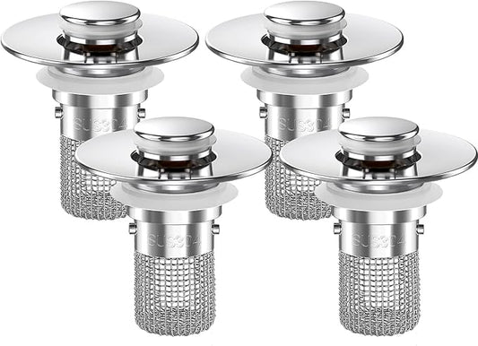 Sink Stopper Hair Catcher,(4PCS) Pop-up Sink Drain Strainer with Removable Stainless Steel Strainer Basket Hair Catcher, Bathroom Sink Strainer for Bathroom Sink Stopper Replacement