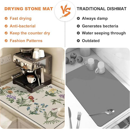 LOKHOM Dish Drying Mat for Kitchen Counter, 17"x32" Absorbent Coffee Bar Mat with Vintage Sage Flower Herbs, Dish Drainer Rack Mats for Kitchen Counter Coffee Maker Pot Dining Room Decoration