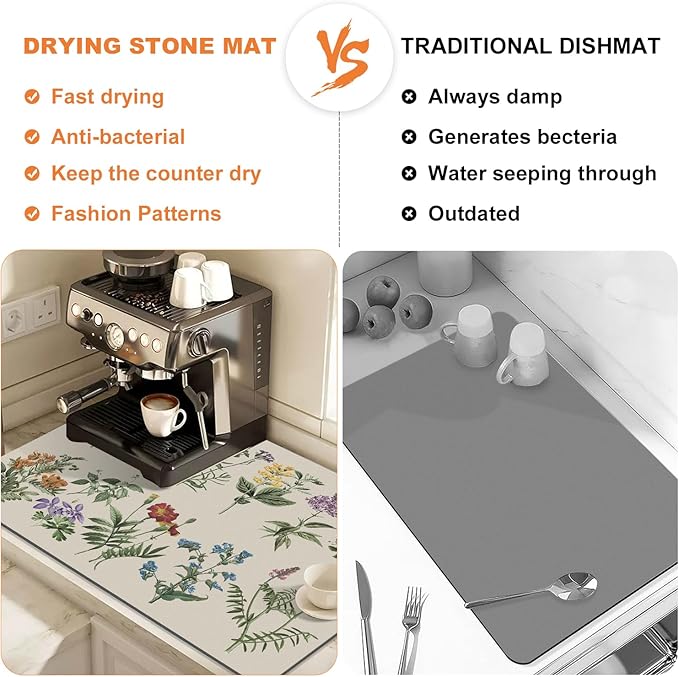 LOKHOM Dish Drying Mat for Kitchen Counter, 18"x24" Absorbent Coffee Bar Mat with Vintage Sage Flower Herbs, Dish Drainer Rack Mats for Kitchen Counter and Dining Room Decoration