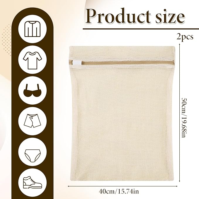 2 Pack Natural Cotton Mesh Laundry Bags, 16x20" Breathable Laundry Garment Bag with Sturdy Zipper, Gentle Wash Bags for Delicates Lingerie Clothes, Versatile Travel Storage Bag for Essentials Bra Sock