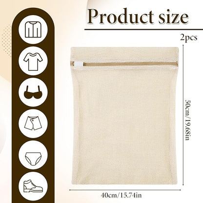 2 Pack Natural Cotton Mesh Laundry Bags, 16x20" Breathable Laundry Garment Bag with Sturdy Zipper, Gentle Wash Bags for Delicates Lingerie Clothes, Versatile Travel Storage Bag for Essentials Bra Sock