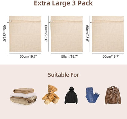 100% Pure Cotton Mesh Laundry Bags, Premium Soft, No Dye, Natual,Set of 3(XXL)