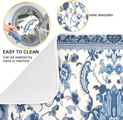 Dish Drying Mat Kitchen Counter Absorbent Blue and White Pattern Coffee Sink Mat Dish Drainer Pad 18 Inch x 16 Inch
