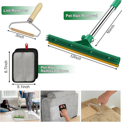 3 in 1 Carpet Rake for Pet Hair Removal, Reusable Pet Hair Remover Broom, 60'' Adjustable Long Handle Dog and Cat Hair Remover Tool Set of 3, Lint Remover Scraper for Carpets (Dark Green, 60inch)