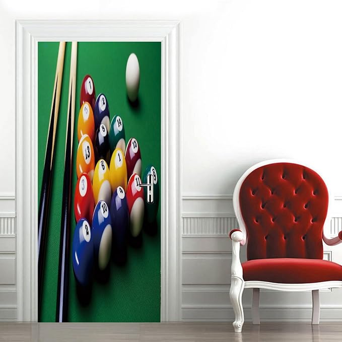 A.Monamour 3D Door Stickers for Interior Doors Billiard Balls and Billiard Cue on Green Table Vinyl Waterproof Self Adhesive Door Mural Decals for Bedroom Office Bathroom 77x200cm