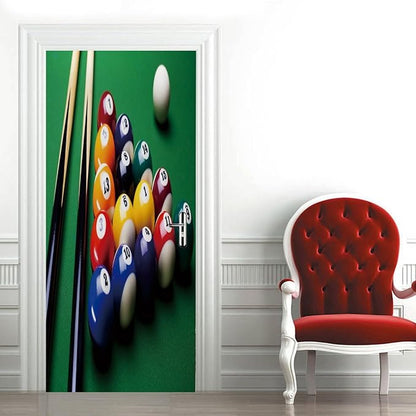 A.Monamour 3D Door Stickers for Interior Doors Billiard Balls and Billiard Cue on Green Table Vinyl Waterproof Self Adhesive Door Mural Decals for Bedroom Office Bathroom 85x200cm