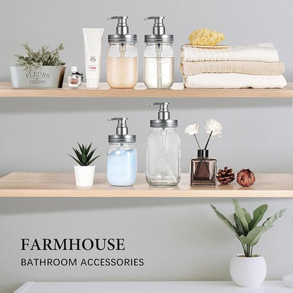 Amolliar Plastic Mason Jar Soap Dispenser with Pump Lid,16OZ Refillable BPA-Free Hand Soap Dispenser Set with Cute Lables, Farmhouse Decor for Kitchen Bathroom, Liquid Soap, Dish Soap (4 Pack, Silver)