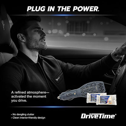 Drive Time Power Fresh Refillable Car Air Freshener – 12V Plug-In Reusable Car Scents Air Enhancer with Long-Lasting Scent Up to 30 Days – Includes 4 Scent Bars – Compact Design - Silver