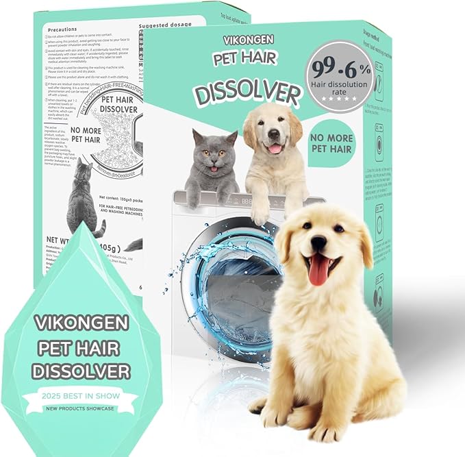 Upgarded Pet Hair Dissolver Pro Washing Machine Cleaner Powder, Deep Cleaning Pet Bedding, Deep Cleaning Washing Machine, 3 Sachets, 405g, Dog Cat Hair | Stain | Odors Remover for Laundry, No More Fur