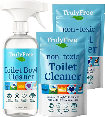 Truly Free Toilet Bowl Cleaner - Heavy-Duty Stain Remover - Septic Safe, Plant-Based Formula - Fresh Peppermint Scent - 2 Refills (3oz) with Empty Refillable Bottle