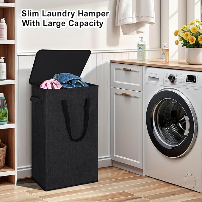 Odonata 75L Slim Laundry Hamper with Lid,Large Foldable Laundry Basket with Removable Bag and Handles Tall Collapsible Dirty Clothes Basket Great for Bedroom, Bathroom, Dorm, College,RV.(Black, 75L)