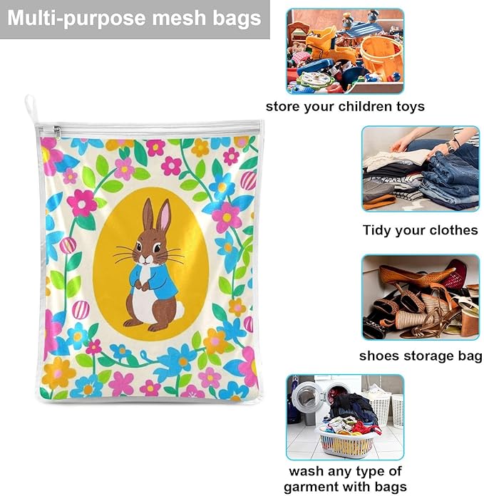 Mesh Laundry Bags Lingerie Bags for Washing Delicates 2 PCS Durable Wash Bag with Zipper Small and Medium Washable Bright Colorful Easter Eggs