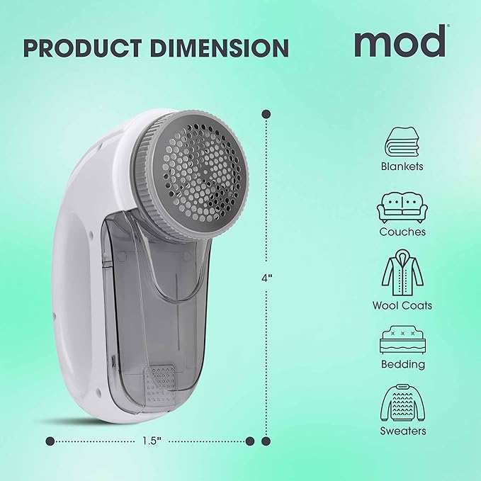 MOD Portable Fabric Shaver and Lint Remover, Reusable Pet Hair Remover,Roller for Clothes, Sweater Shaver, Couch, Blankets, Curtains with Detachable Lint Collector Tank, Battery Operated, White/Gray
