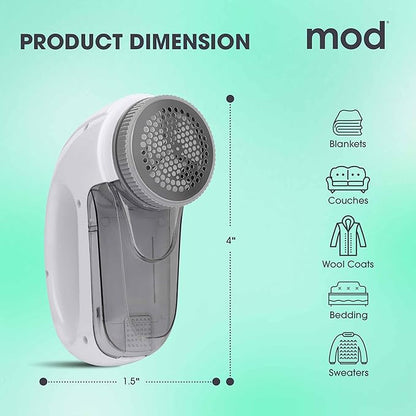 MOD Portable Fabric Shaver and Lint Remover, Reusable Pet Hair Remover,Roller for Clothes, Sweater Shaver, Couch, Blankets, Curtains with Detachable Lint Collector Tank, Battery Operated, White/Gray