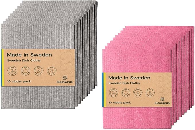 Original Swedish Dishcloth – Made in Sweden, 10 Gray + 10 Pink Cloths, Reusable & Biodegradable Cellulose Sponge for Kitchen, Suitable for All Surfaces, Odour-Resistant Eco Cleaning