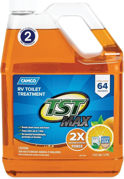 Camco TST MAX RV Toilet Treatment 1-Gallon - Control Unwanted RV Sewer Odors & Break Down Waste and RV Toilet Paper - Biodegradable Septic Safe Formula - Orange Scent (41173)