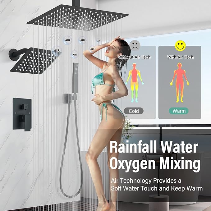 Shower Faucet Matte Black Shower System with 12" Celing+6" Wall Dual Rain Shower Head with Handheld Spray,Bathroom Luxury Brass Shower Valve with Shower Diverter Kit Shower Faucet Set Complete