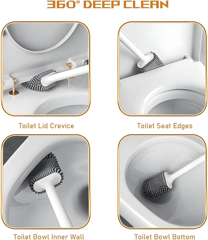 Silicone RV Toilet Bowl Brush and Holder Set, Wall Mount Camper Toilet Brush for Travel Trailer/Camper Bathrooms, Convenient for Cleaning Toilet and Cracks. (Gray-White)