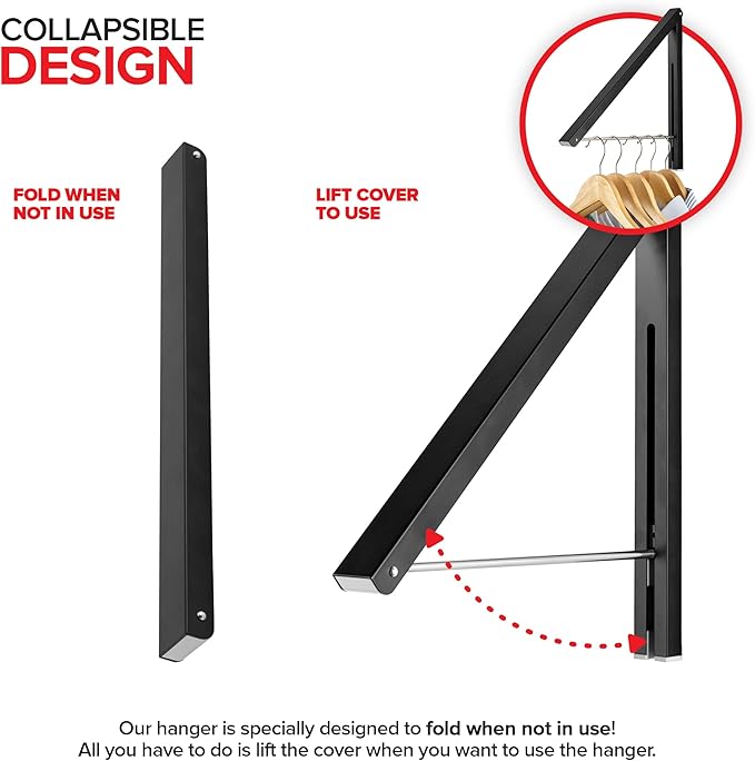 Single Foldable Clothing Rack, Wall-Mounted Retractable Clothes Hanger for Laundry Dryer Room, Hanging Drying Rod, Small Collapsible Folding Garment Racks, Dorm Accessories (Black)
