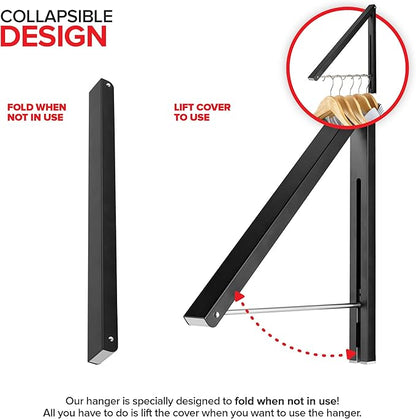 Single Foldable Clothing Rack, Wall-Mounted Retractable Clothes Hanger for Laundry Dryer Room, Hanging Drying Rod, Small Collapsible Folding Garment Racks, Dorm Accessories (Black)