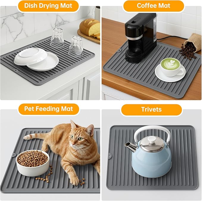 Songrey 18" x 16" Silicone Dish Drying Mat, Kitchen Counter Drying Pad for Sink Dishes or Under Rack, Multi-Use as Heat Resistant Trivet, Coffee Bar Mat