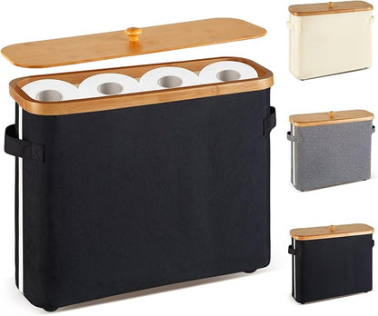 Bathroom Toilet Paper Storage Basket with Lid and Handle， Bamboo Collapsible Toilet Paper Holder Storage with Non-Slip Bottom ,Extra Toilet Roll Storage, Black