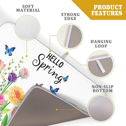Hello Spring Flowers Green Dish Drying Mat 18 x 24 Inch With Absorbent Reversible Microfiber Butterfly Floral Spring Summer Drying Mats Fast Dry Pad Draining Mat For Kitchen Countertop