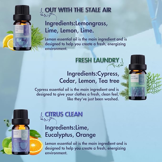 Wecona Essential Oils for Laundry - 100% Pure Essential Oils for Diffusers for Home,6x10ml(Clean)- Aromatherapy Oils for Humidifiers,Wool Dryer Balls,Clean Linen