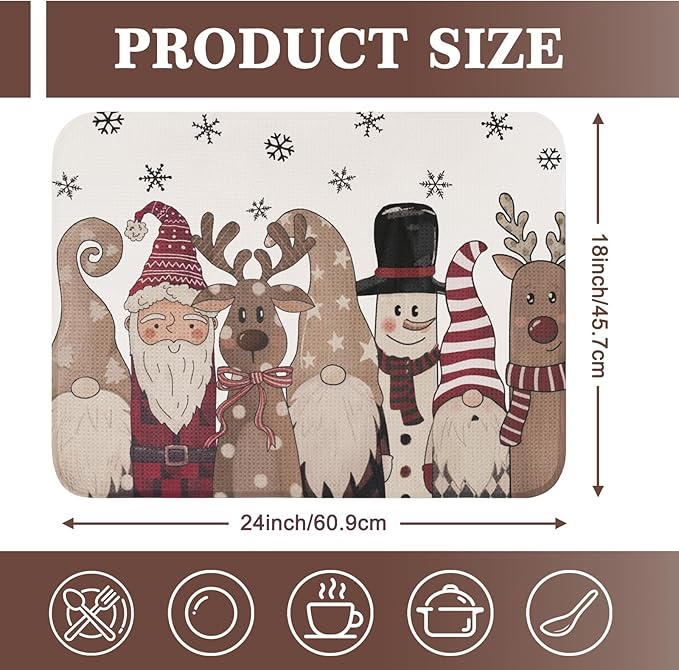 Christmas Dish Drying Mat, Ultra Absorbent Microfiber Dish Drainer Mat Christmas Snowman Reindeer Drying Mats for Kitchen Counter, Coffee Maker, Tableware Decor, 18 x 24 Inch