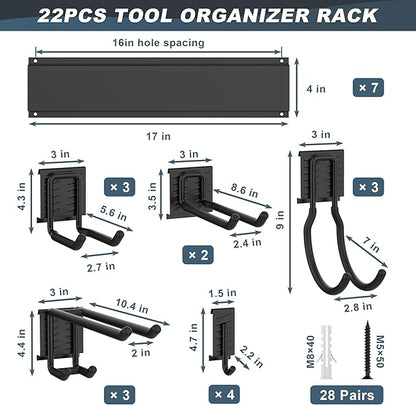 Ultrawall Garage Storage Organization, Garden Tool Organizer Garage Organizer Wall Mount Yard Tool Organizer Rack with 15 Hooks, Heavy Duty Wall Holders,22 Pcs