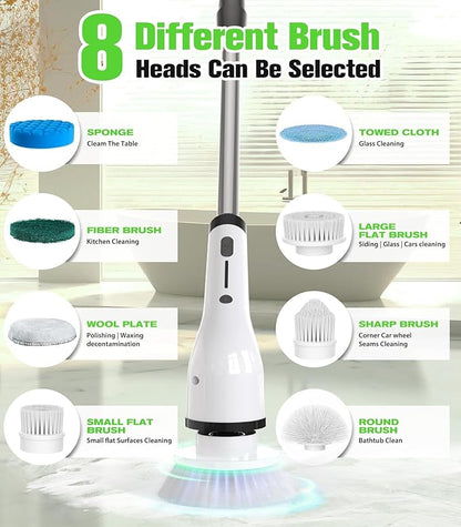 Electric Spin Scrubber for Cleaning,Cordless Waterproof Bathroom Shower Brushes with 9 Heads,1.5H Power Dual Speed Cleaner with Extendable Handles for Bathtub Floor Kitchen Wall