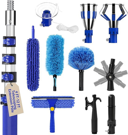 20FT Light Bulb Changer for High Ceilings with 5-12FT Heavy Duty Extension Pole,High Ceiling Fan Duster Extendable Reusable Cobweb,Feather,Window Cleaning Squeegee Kit for Home & House,Interior Roof