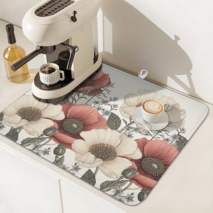 Floral Dish Drying Mat for Kitchen Counter 18x16 Inch Beige Pink Big Flower Drying Mat with Absorbent Reversible Microfiber Season Spring Dish Drainer Mats Rack Pad for Coffee Countertop Protector