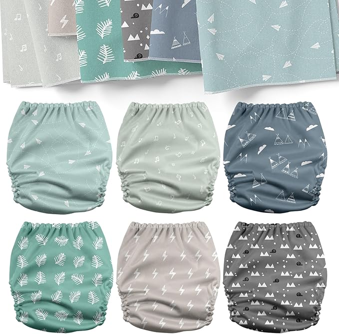 Mama Koala 3.0 Pocket Cloth Diapers for Babies with AWJ Lining, 6 Pack with 6 5-Layer Natural Cloth Diaper Inserts - Reusable and Washable Pocket Diapers(A-The Gray Sky)